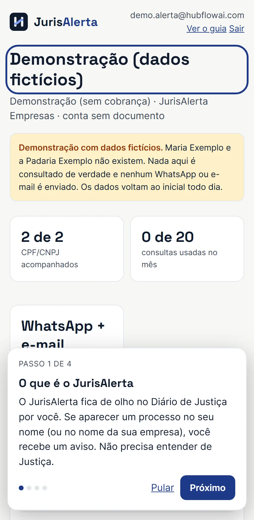 Guia de boas-vindas do JurisAlerta, passo 1 de 4