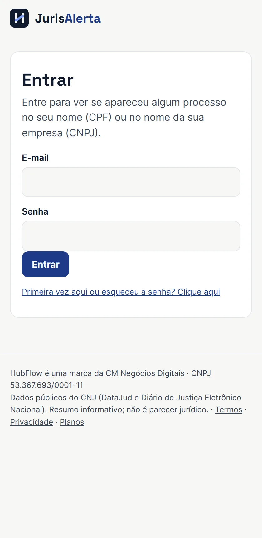 Tela de entrada do JurisAlerta com e-mail e senha