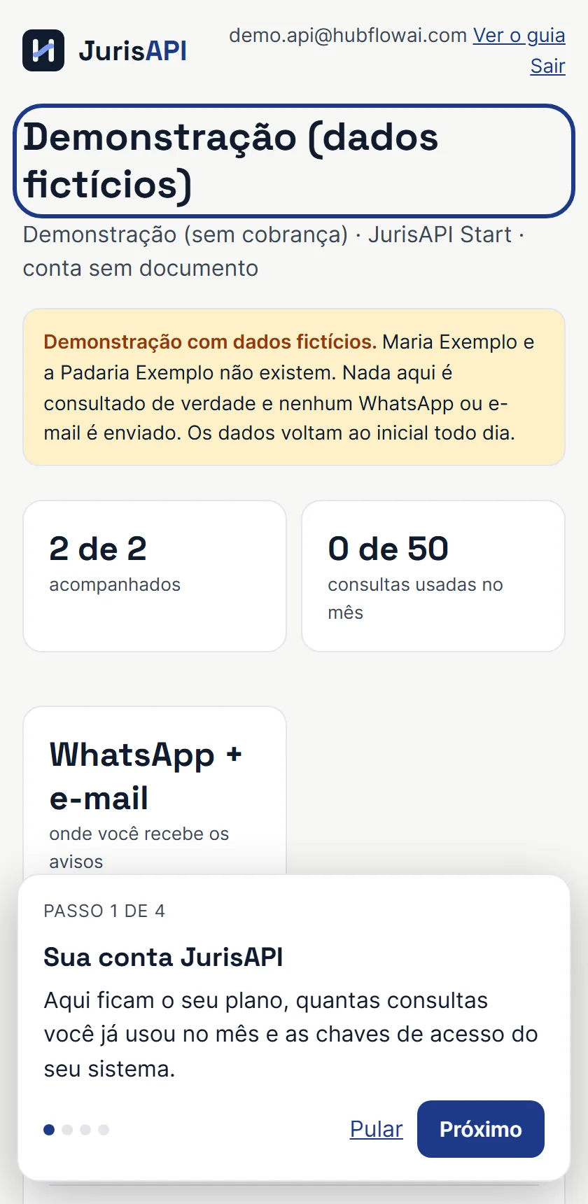 Painel da JurisAPI com o guia de boas-vindas aberto