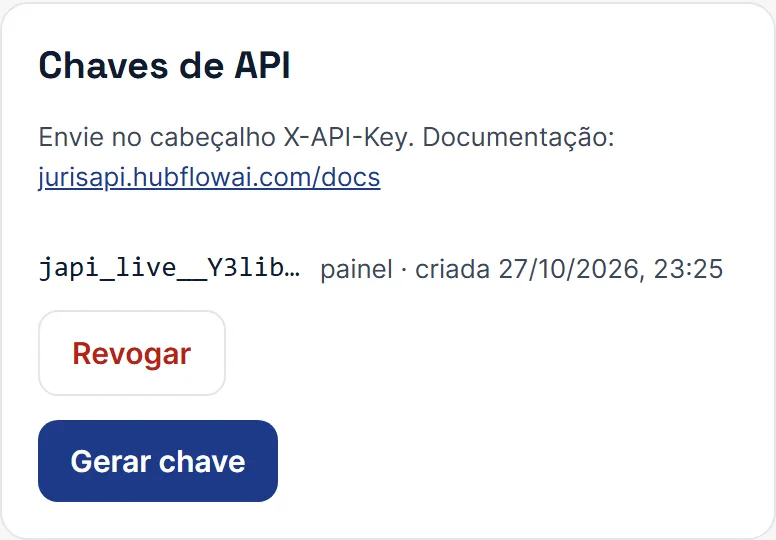 Cartão Chaves de API com os botões Gerar chave e Revogar