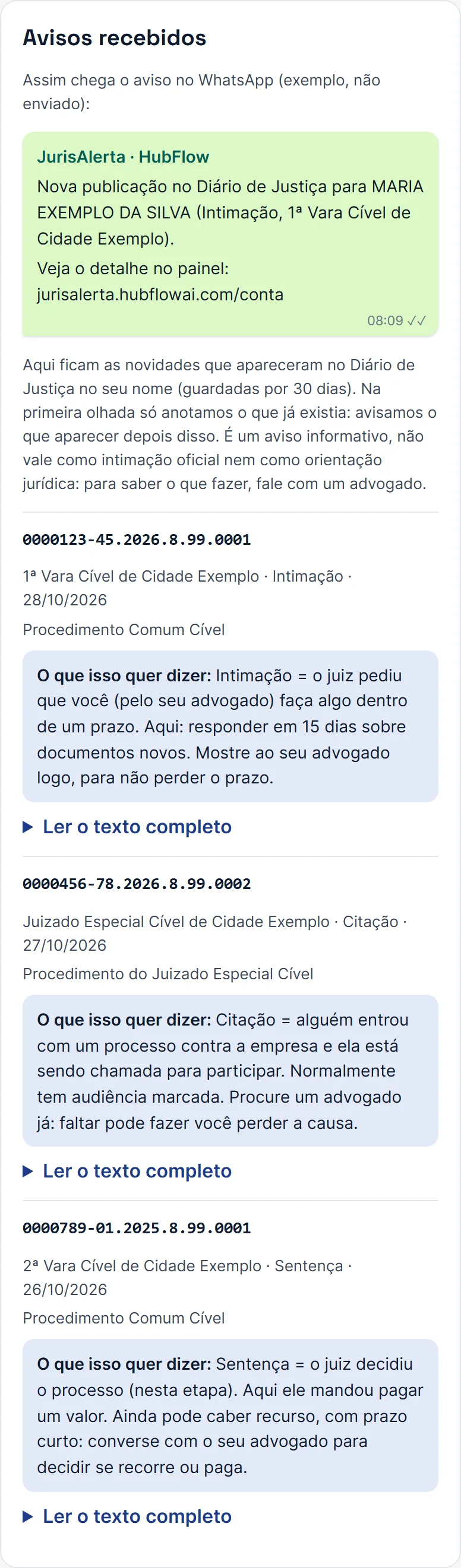 Avisos recebidos com exemplos fictícios e explicação simples
