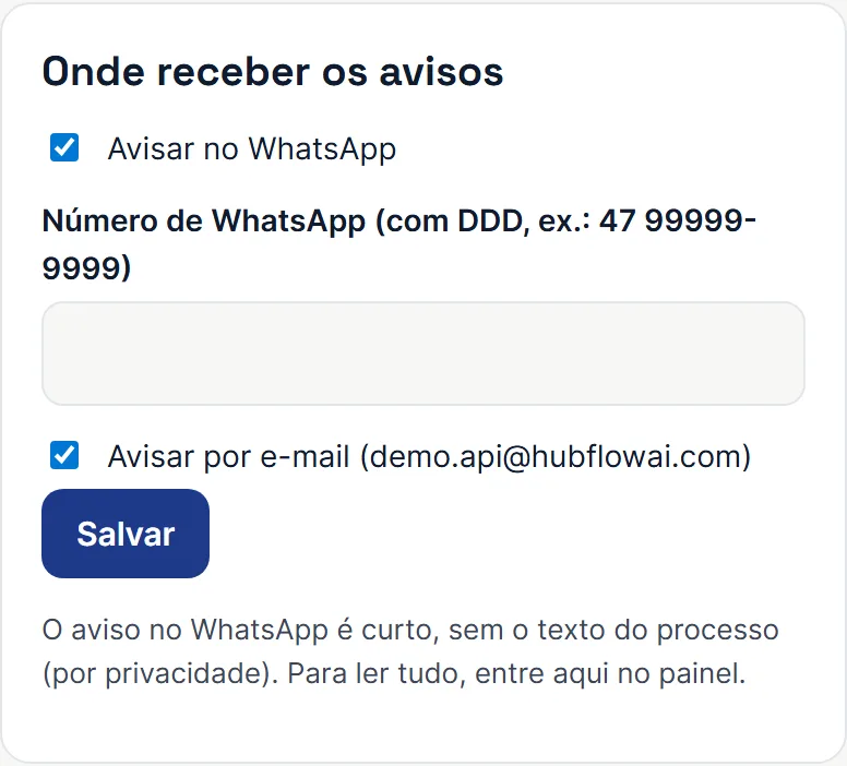 Configuração de onde receber os avisos