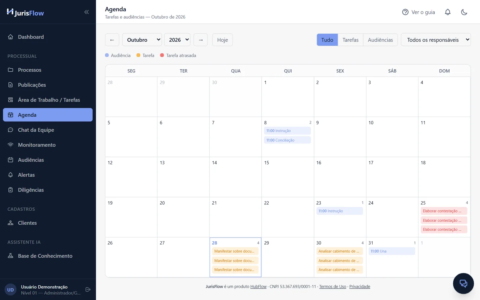 Agenda do escritório com prazos e audiências fictícios